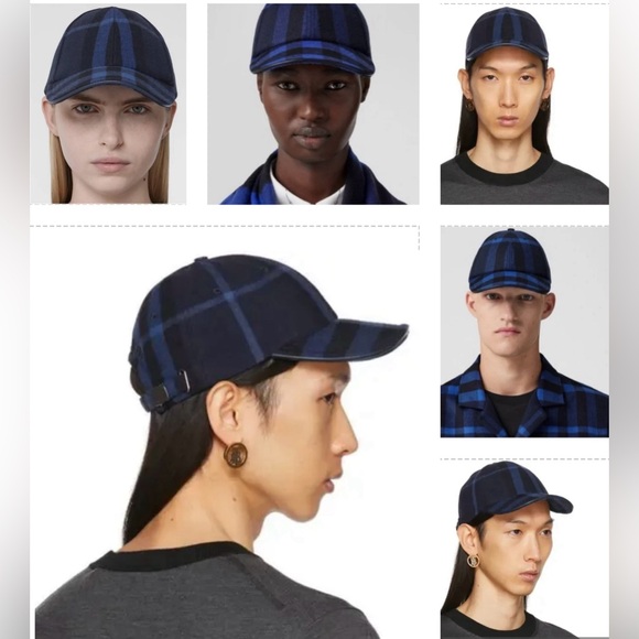 BURBERRY CASHMERE NAVY SIGNATURE CHECKERED PATTERN UNISEX BASEBALL CAP - Picture 8 of 16